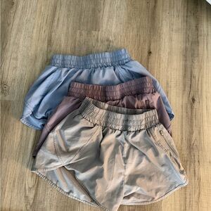 Set of Three Elastic Waist Shorts in Blue, Mauve, and Beige